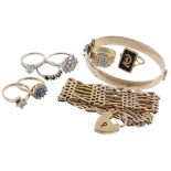 A collection of six 9 carat gold rings, together with a ring stamped 9ct; a gatelink bracelet; and