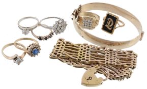 A collection of six 9 carat gold rings, together with a ring stamped 9ct; a gatelink bracelet; and