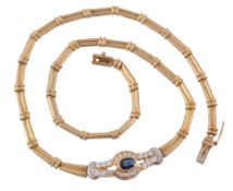 A sapphire and diamond necklace, composed of articulated polished reeded links, to the central