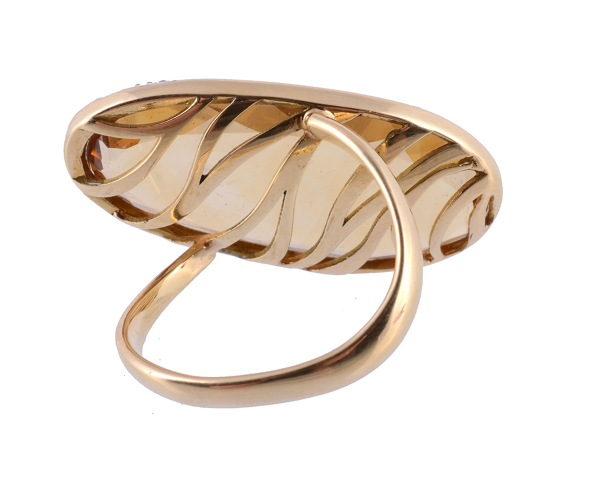 A citrine ring, the flattened oval shaped citrine, with diamond accents to the base of the setting, - Image 2 of 2
