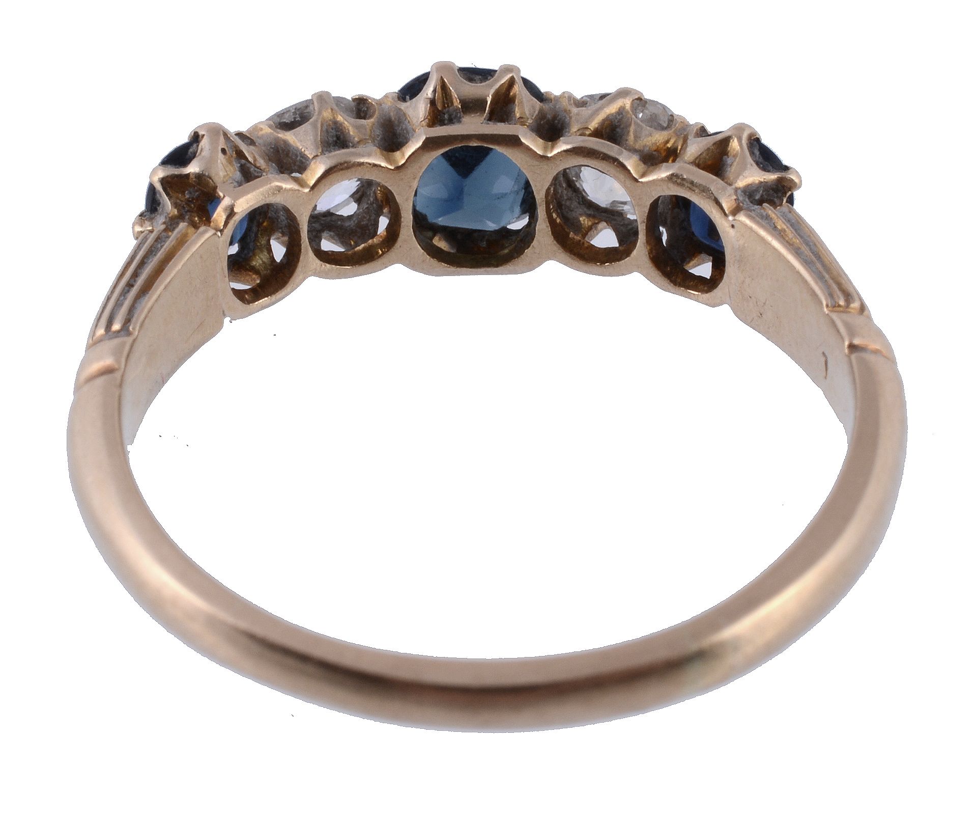 A late Victorian sapphire and diamond ring, circa 1900, the central oval shaped sapphire claw set - Image 2 of 2