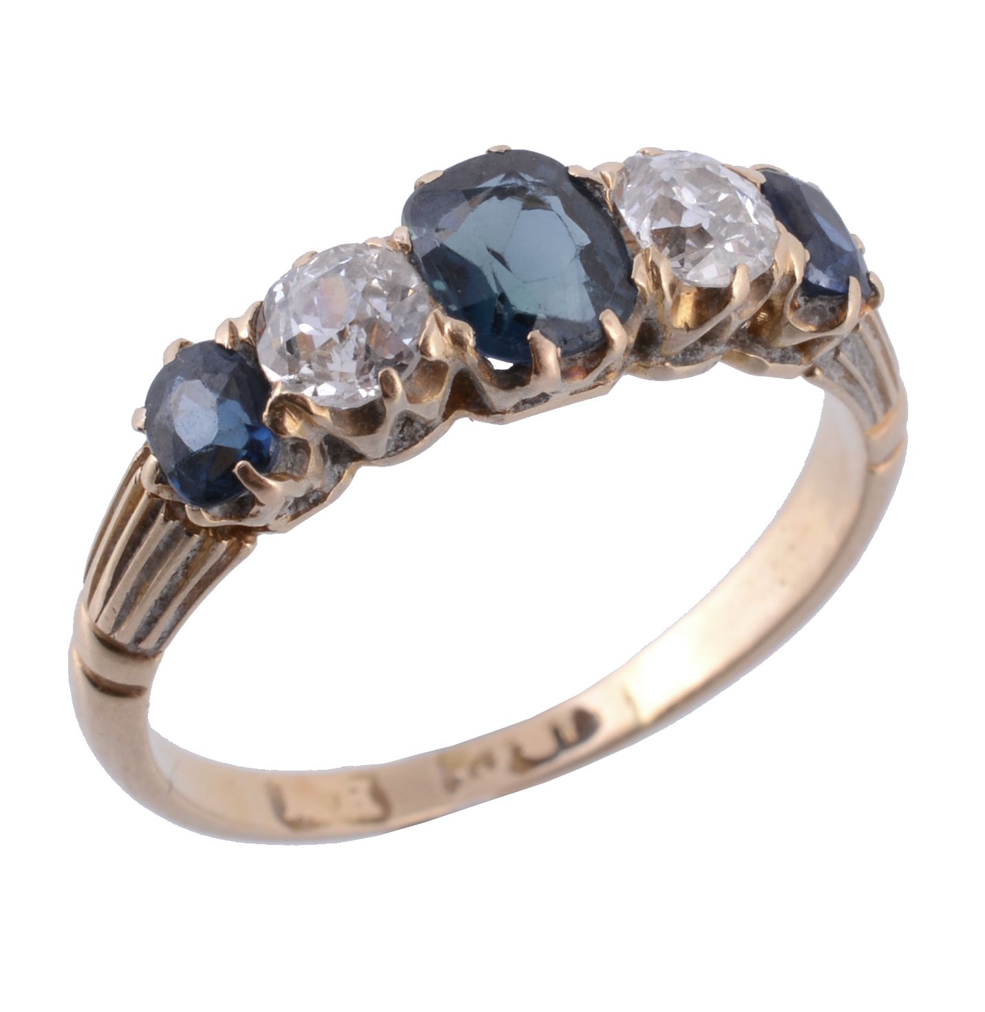 A late Victorian sapphire and diamond ring, circa 1900, the central oval shaped sapphire claw set