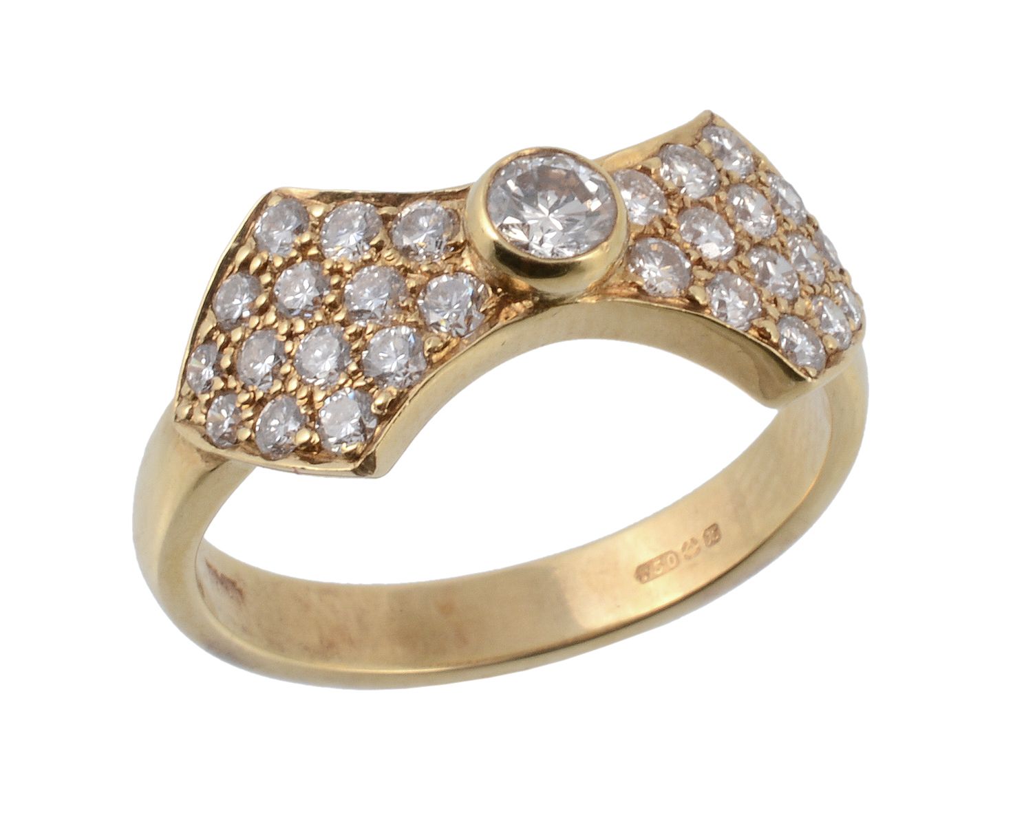 A diamond bow ring, the principal diamond in a raised collet setting above the pave set diamond bow