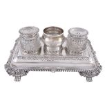 A George IV silver rectangular inkstand by Joseph Angell I, London 1822, with gadrooned rims to the