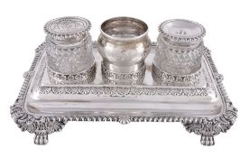 A George IV silver rectangular inkstand by Joseph Angell I, London 1822, with gadrooned rims to the