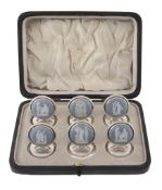 A set of six Edwardian silver and Wedgwood blue jasper menu card holders by Cohen & Charles,