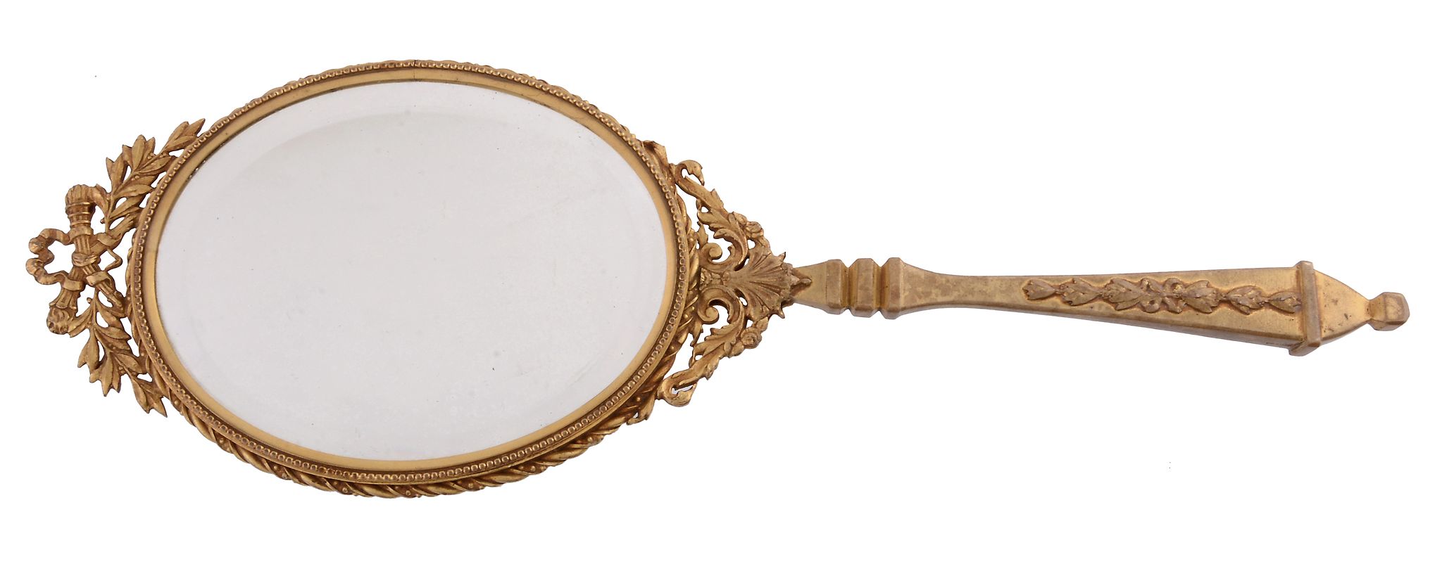 A French gilt metal and Limoges Revival enamel hand mirror, circa 1900, the oval plaque painted - Image 3 of 4