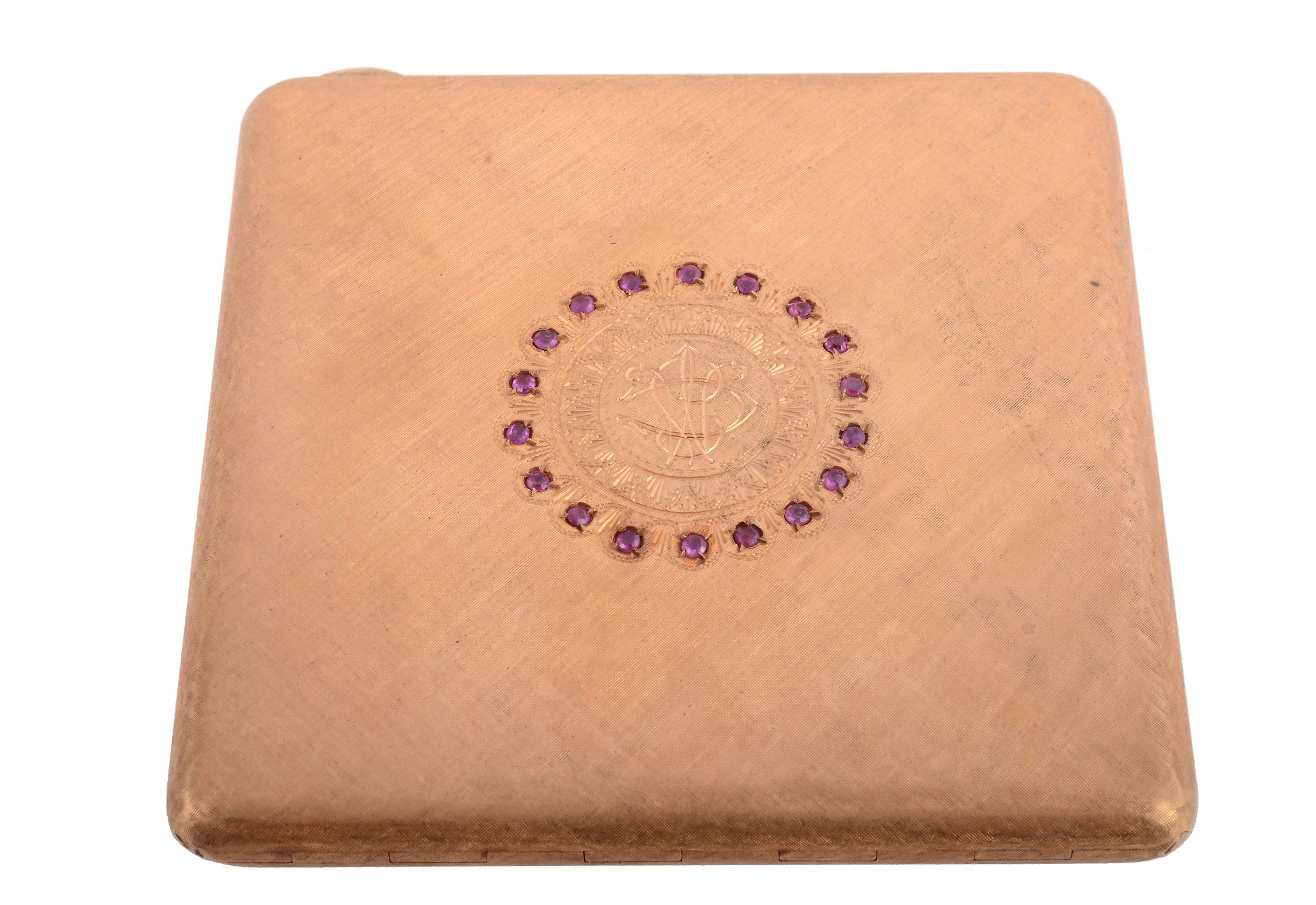 An Italian gold coloured ruby mounted square powder compact, 1944-68 Milan control mark, K18 and