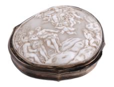 An 18th century gold mounted shell cameo snuff box, maker's mark FB , Amsterdam 1734, the cover with
