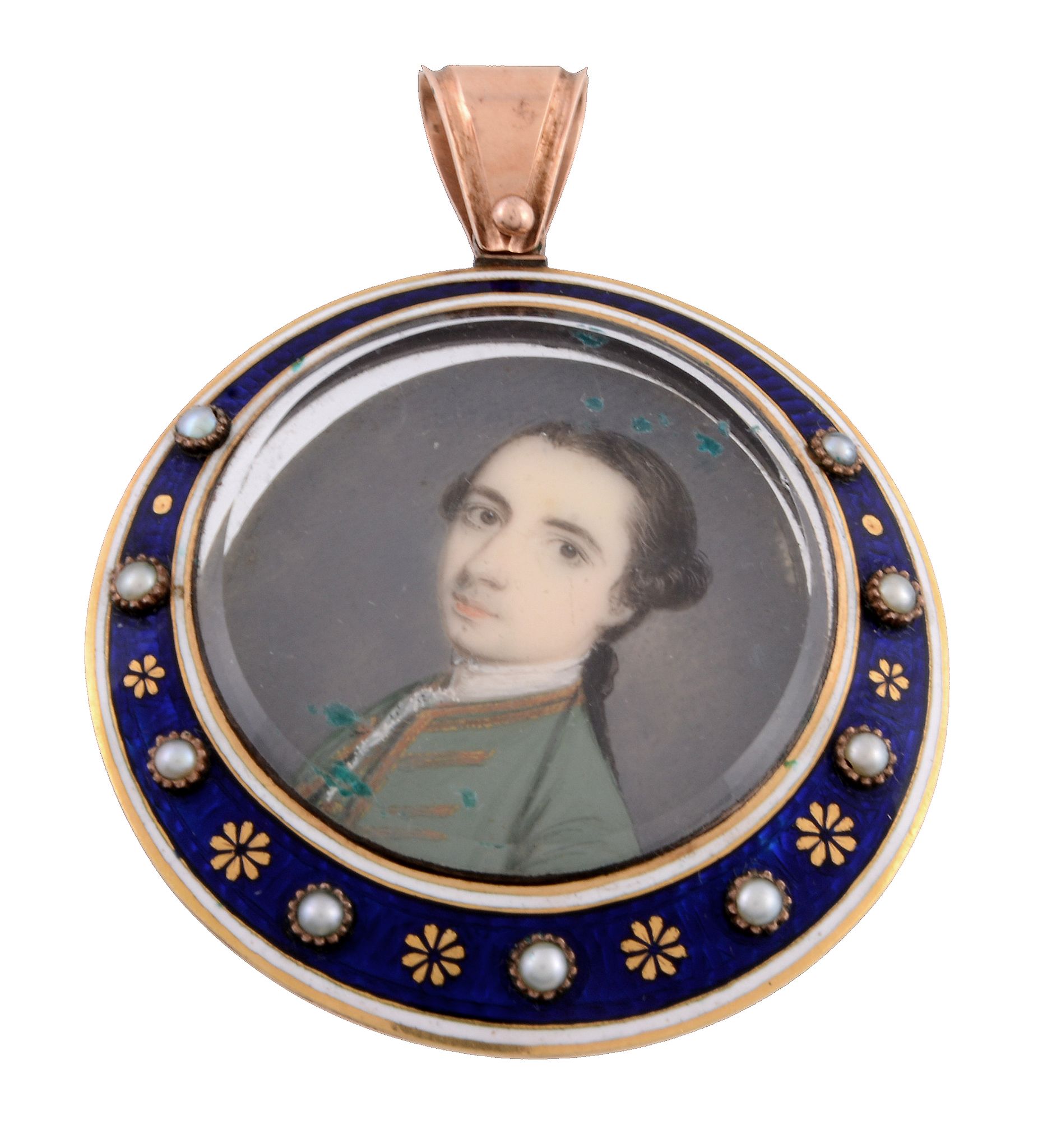 Attributed to Gervase Spencer Portrait of a gentleman in light blue coat 3cm diameter In an enamel