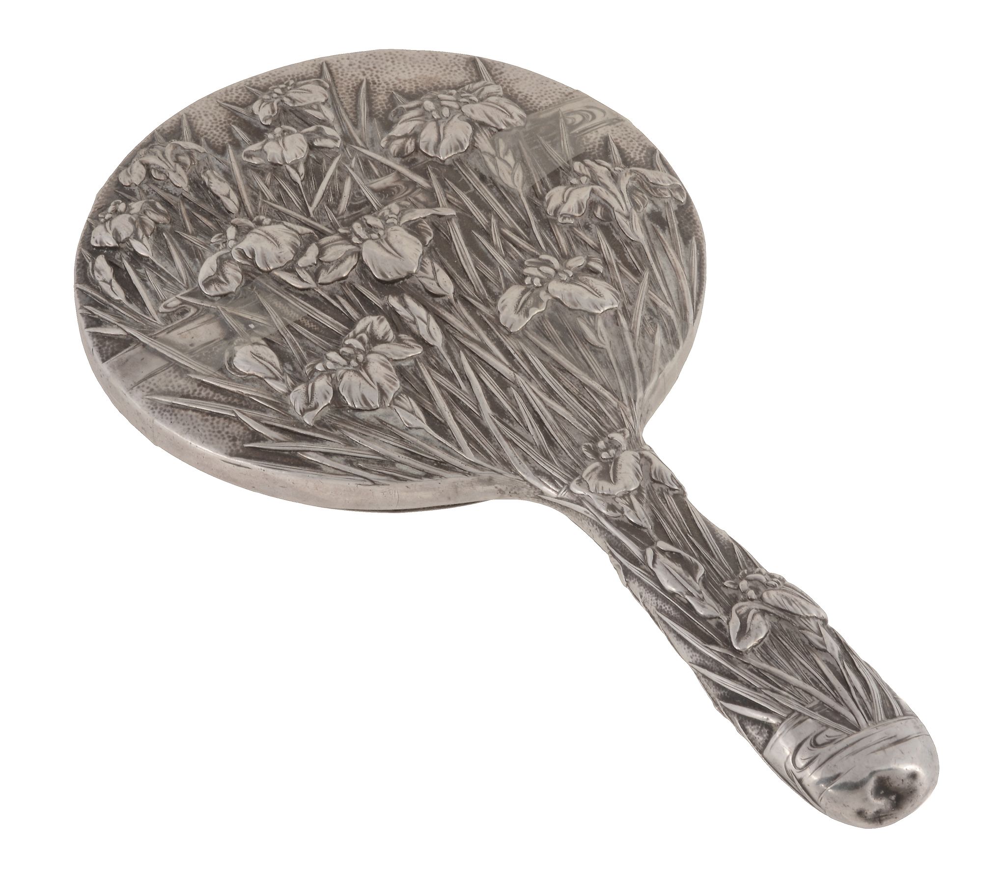 A Japanese silver hand mirror, three incuse chop marks and jugin (pure silver), circa 1890,