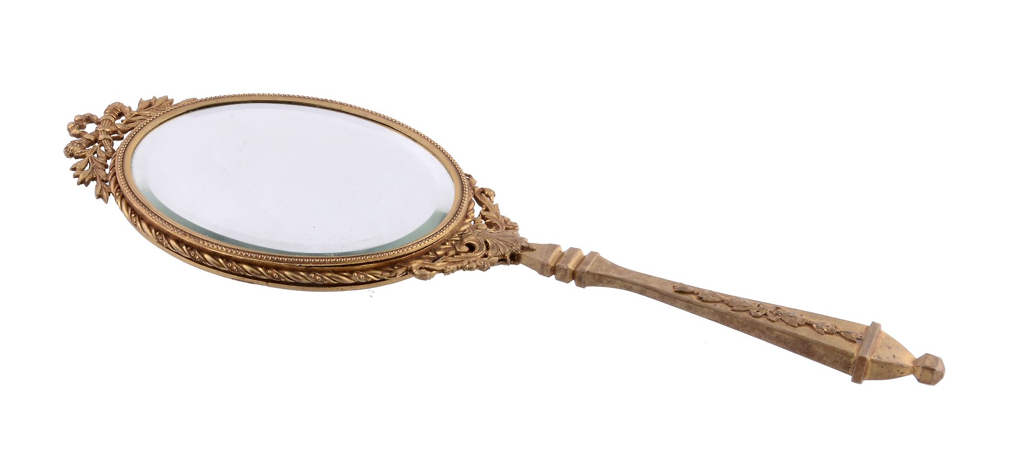 A French gilt metal and Limoges Revival enamel hand mirror, circa 1900, the oval plaque painted - Image 4 of 4