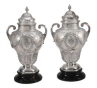 A pair of late Victorian silver presentation vases and covers by Harris Brothers, London 1896, ogee