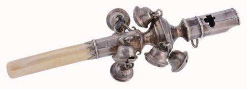An 18th century silver baby's rattle, clipped maker's mark stamped twice only (IC, IG or IO?), with
