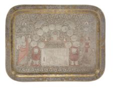 [Judaica] A Cairoware silver and copper inlaid brass oblong tray, Egypt 1920s, profusely inlaid