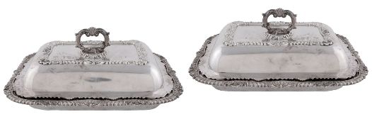 A pair of late George III silver rectangular entree dishes, covers and handles by Samuel Roberts,
