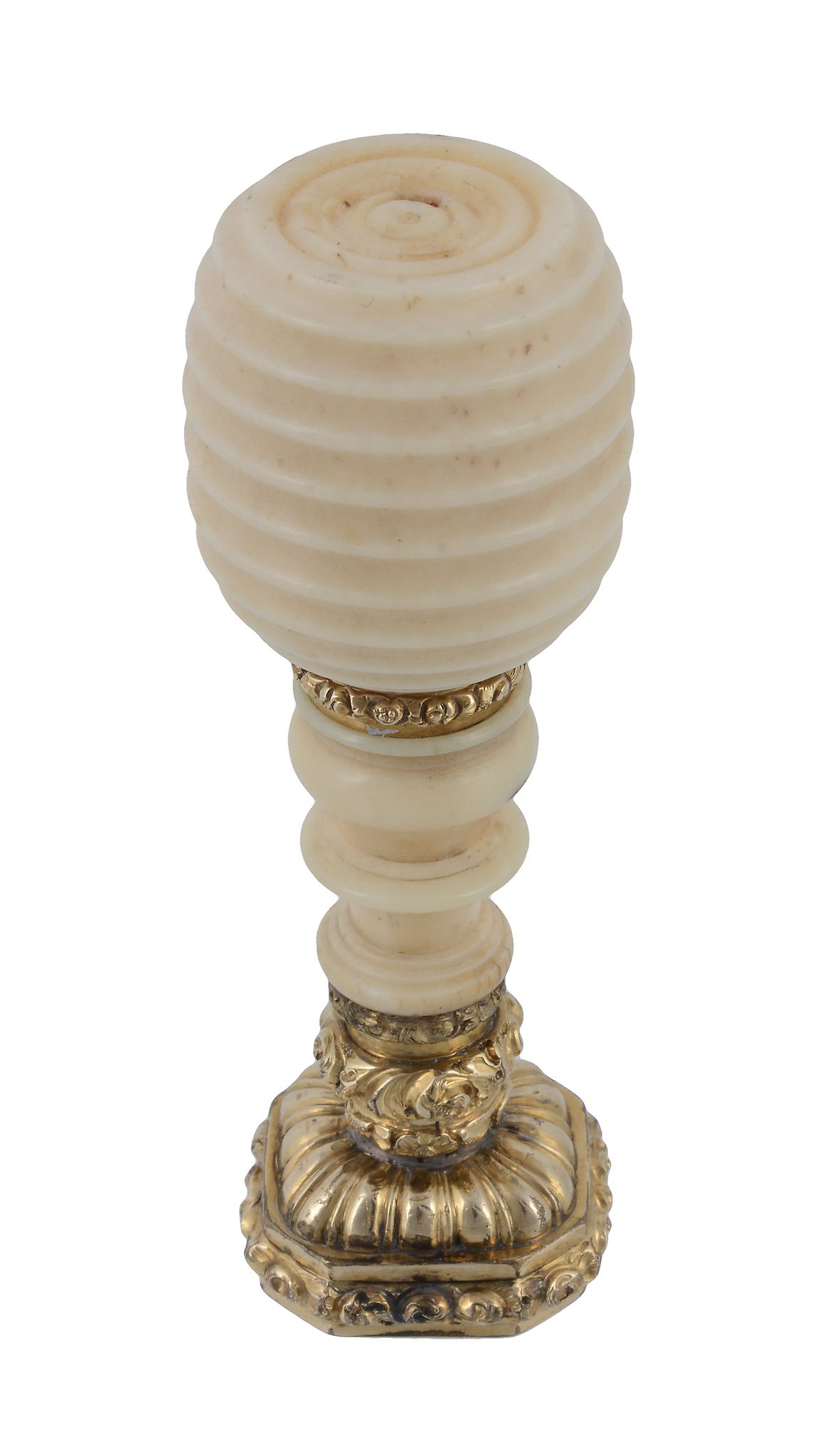 A gold mounted ivory desk seal, unmarked, mid 19th century, the horizontally ribbed turned ivory