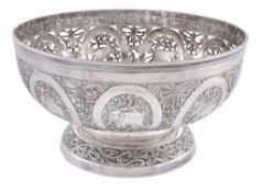 An Indian silver coloured hemispherical footed bowl, stamped STR.SIL , circa 1920, pierced and