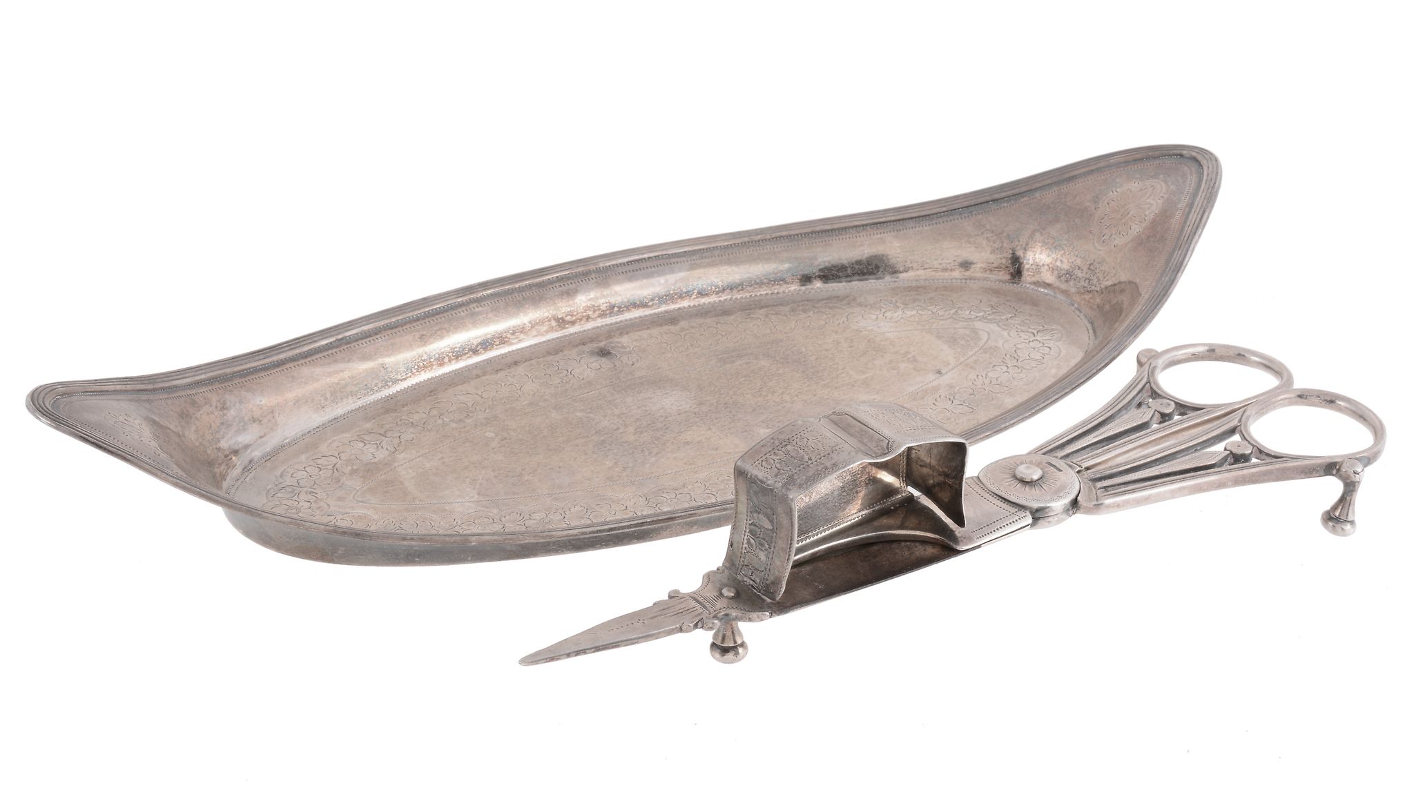 A matched George III silver navette snuffers tray and snuffers, the tray by Peter, Ann and William