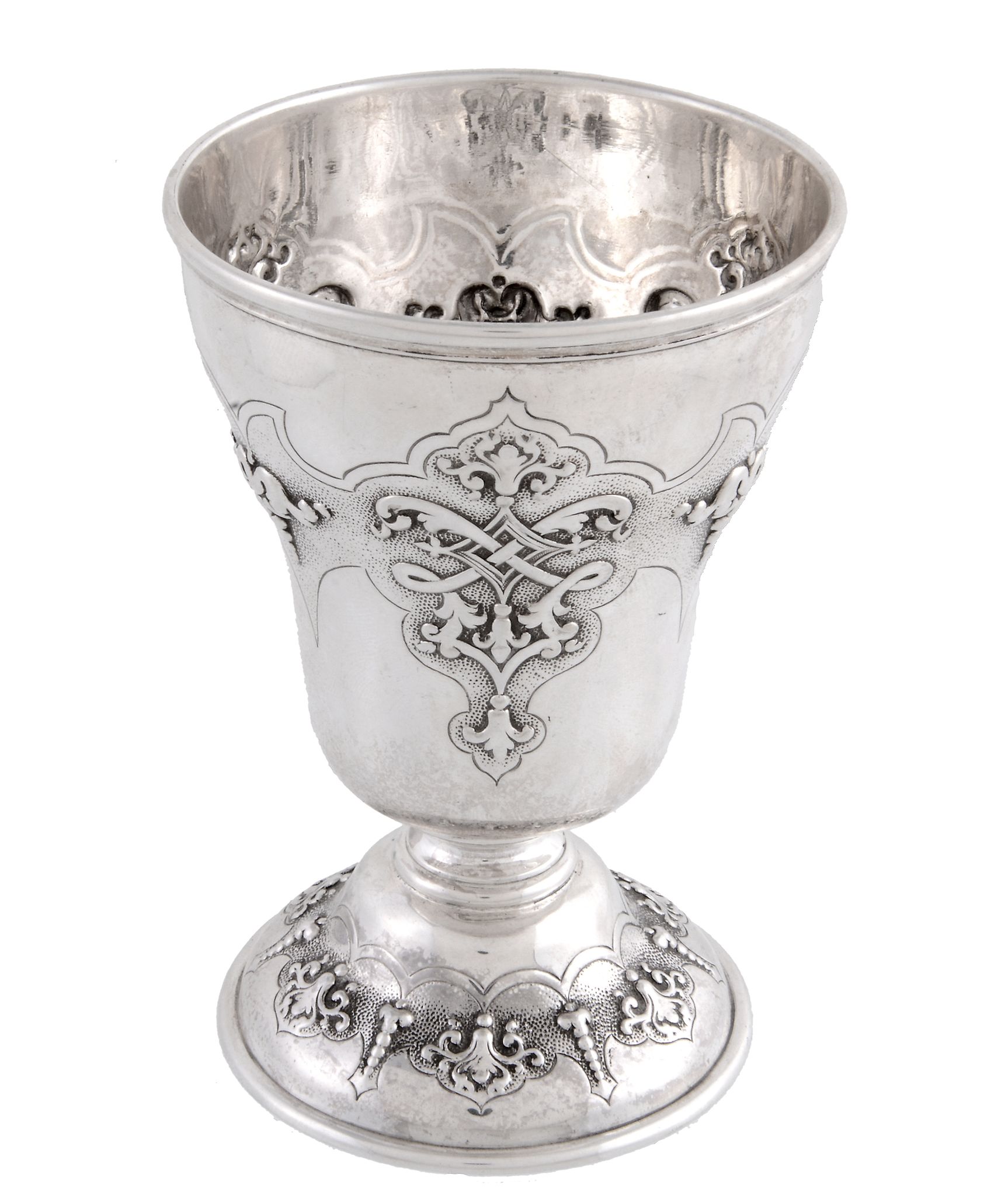 A Victorian silver ogee goblet by Robert Hennell III, London 1856, embossed with a broad shaped