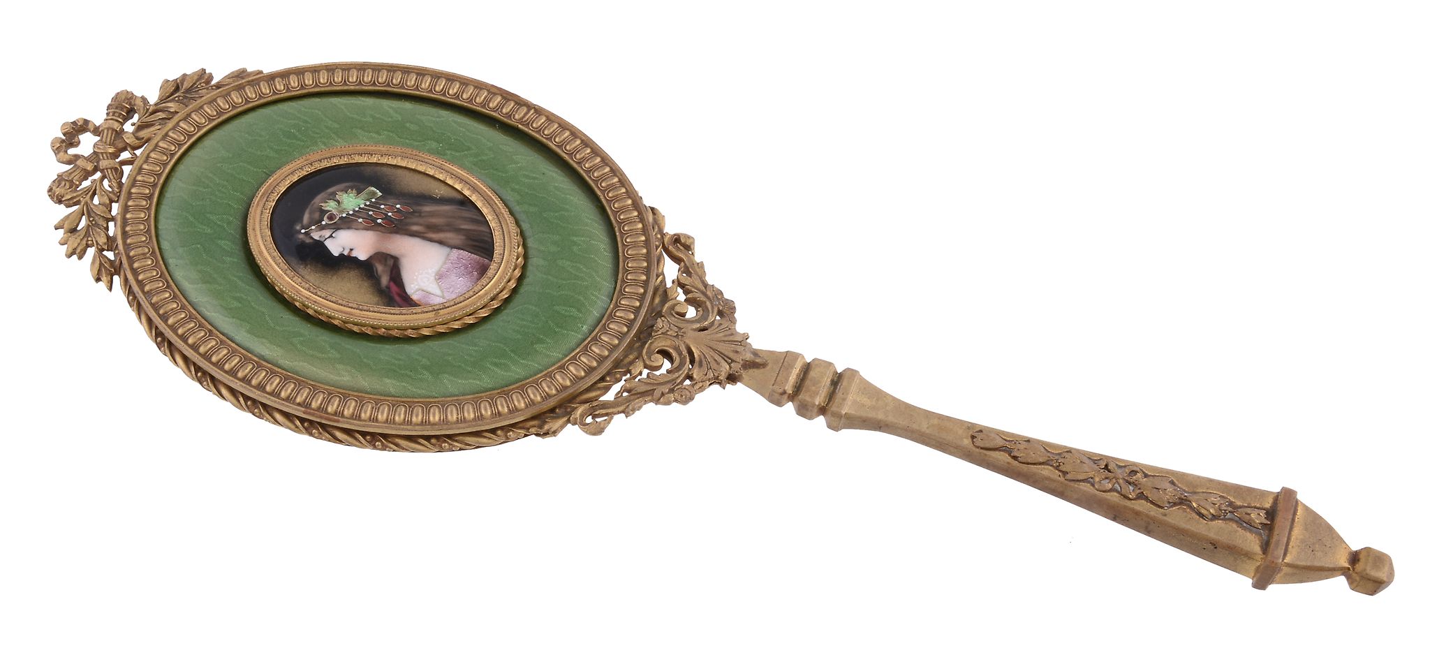 A French gilt metal and Limoges Revival enamel hand mirror, circa 1900, the oval plaque painted