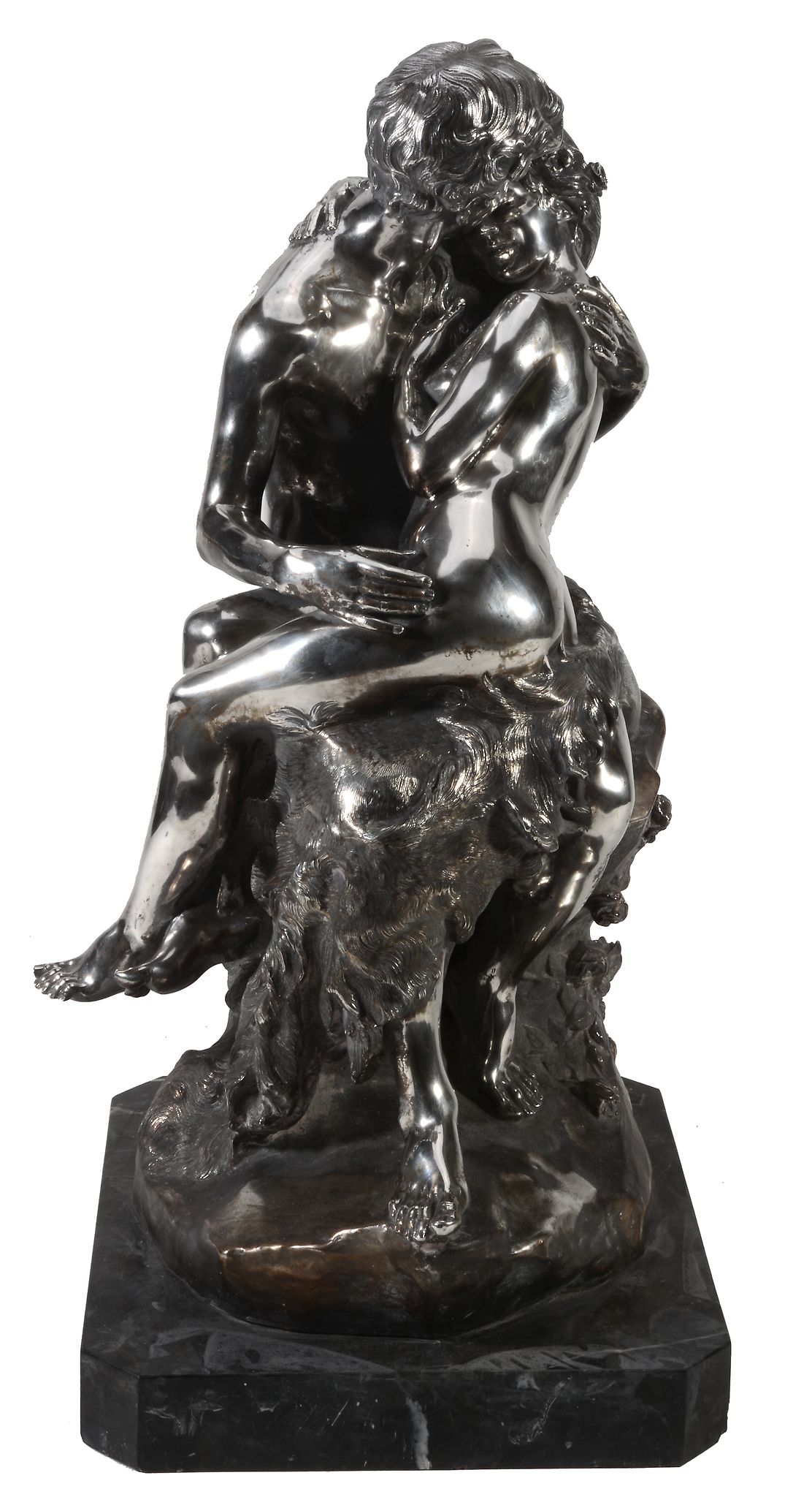 After Ferdinando de Luca, an Italian silver coloured group of an embracing couple, Naples post 1968