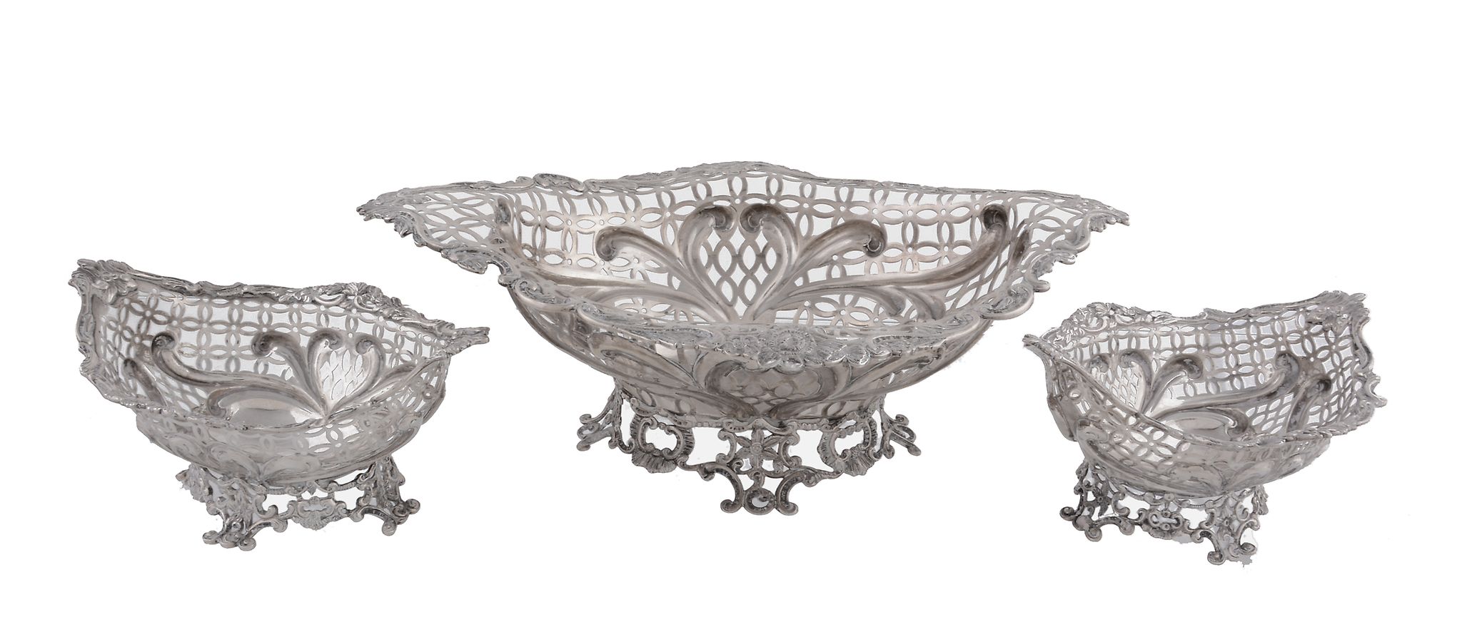 Three similar late Victorian silver navette baskets by William Comyns & Sons, London 1891, with