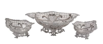 Three similar late Victorian silver navette baskets by William Comyns & Sons, London 1891, with