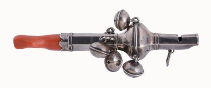 An early 18th century silver octagonal baby's rattle, unmarked, with six bells arranged in two