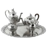 A German silver coloured four piece tea and coffee service on a tray, maker's mark not traced, post