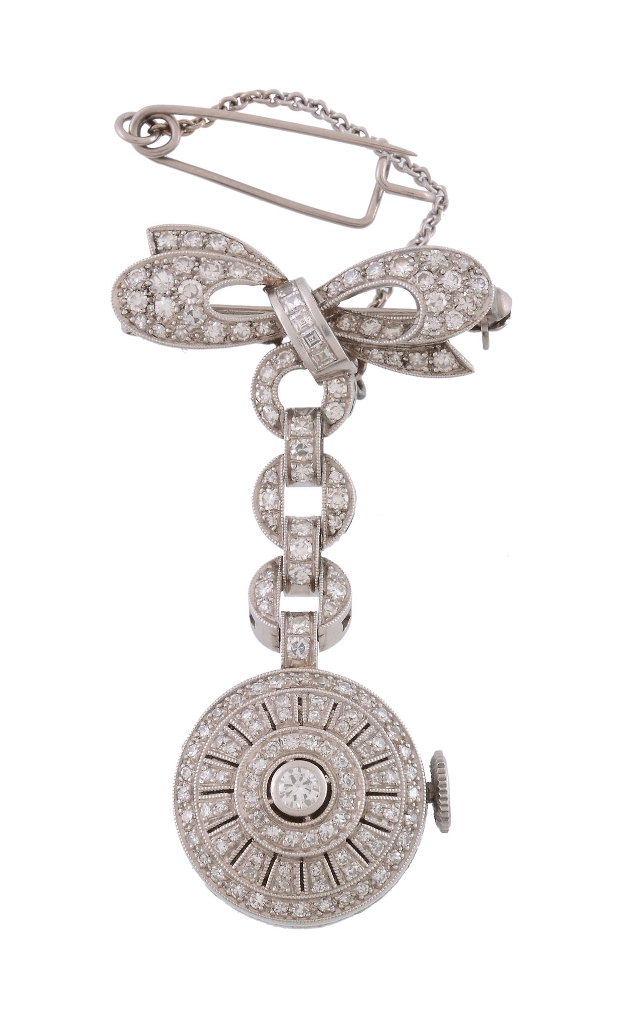 Bucherer, a platinum and diamond bow fob watch,   circa 1950, manual wind movement, 17 jewels, - Image 2 of 2