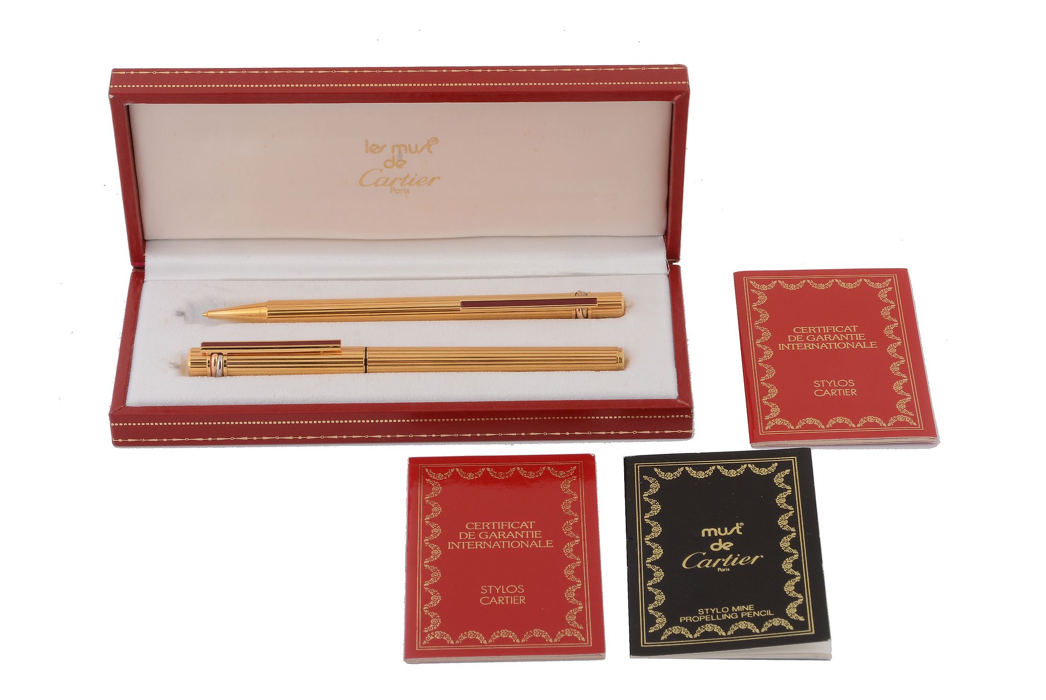 Cartier, Les Must de Cartier, a ballpoint pen and a pencil set,   both with ridged detail and a - Image 4 of 4