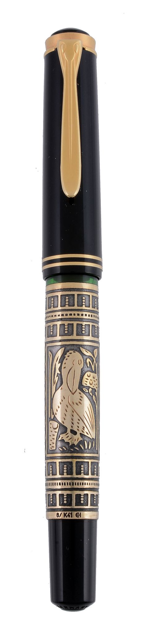 Pelikan, Toledo, an engraved and black resin fountain pen,   the engraved   barrel with a black