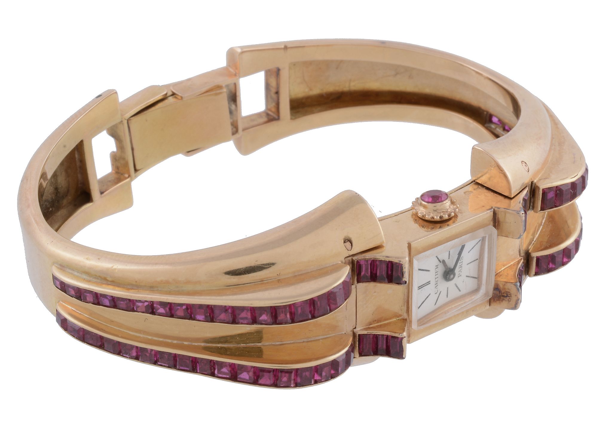 A French Retro lady's synthetic ruby bangle watch,   circa 1940, Swiss manual wind movement, 17 - Image 2 of 2