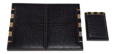 Hermes, a black crocodile leather desk blotter and notepad,   the desk blotter with two hinged