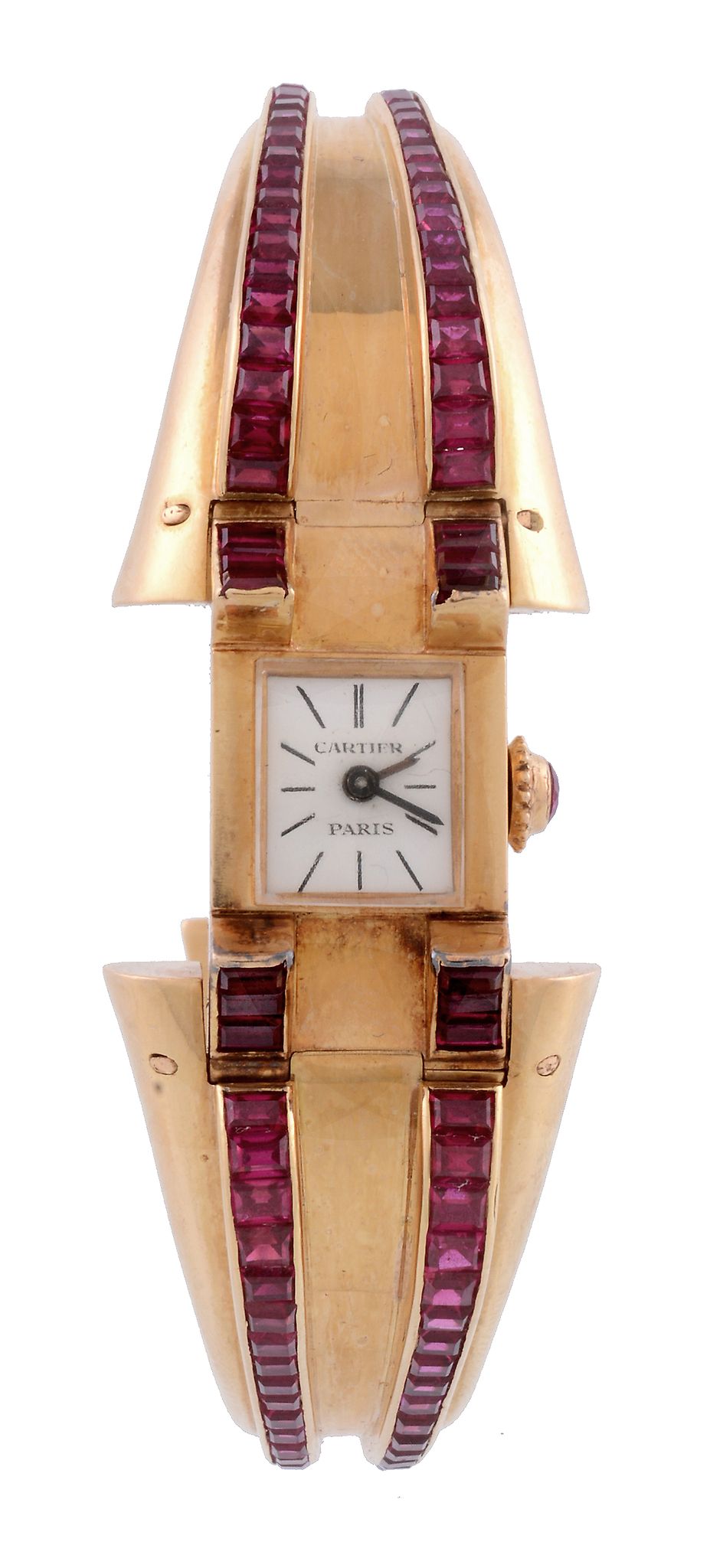 A French Retro lady's synthetic ruby bangle watch,   circa 1940, Swiss manual wind movement, 17