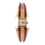 A French Retro lady's synthetic ruby bangle watch,   circa 1940, Swiss manual wind movement, 17