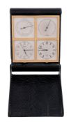 Asprey, a multi function travelling clock,   the functions comprising; a thermometer, a hygro