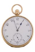 Dent, London, an 18 carat gold open face pocket watch,   no. 30672, hallmarked London 1890, three