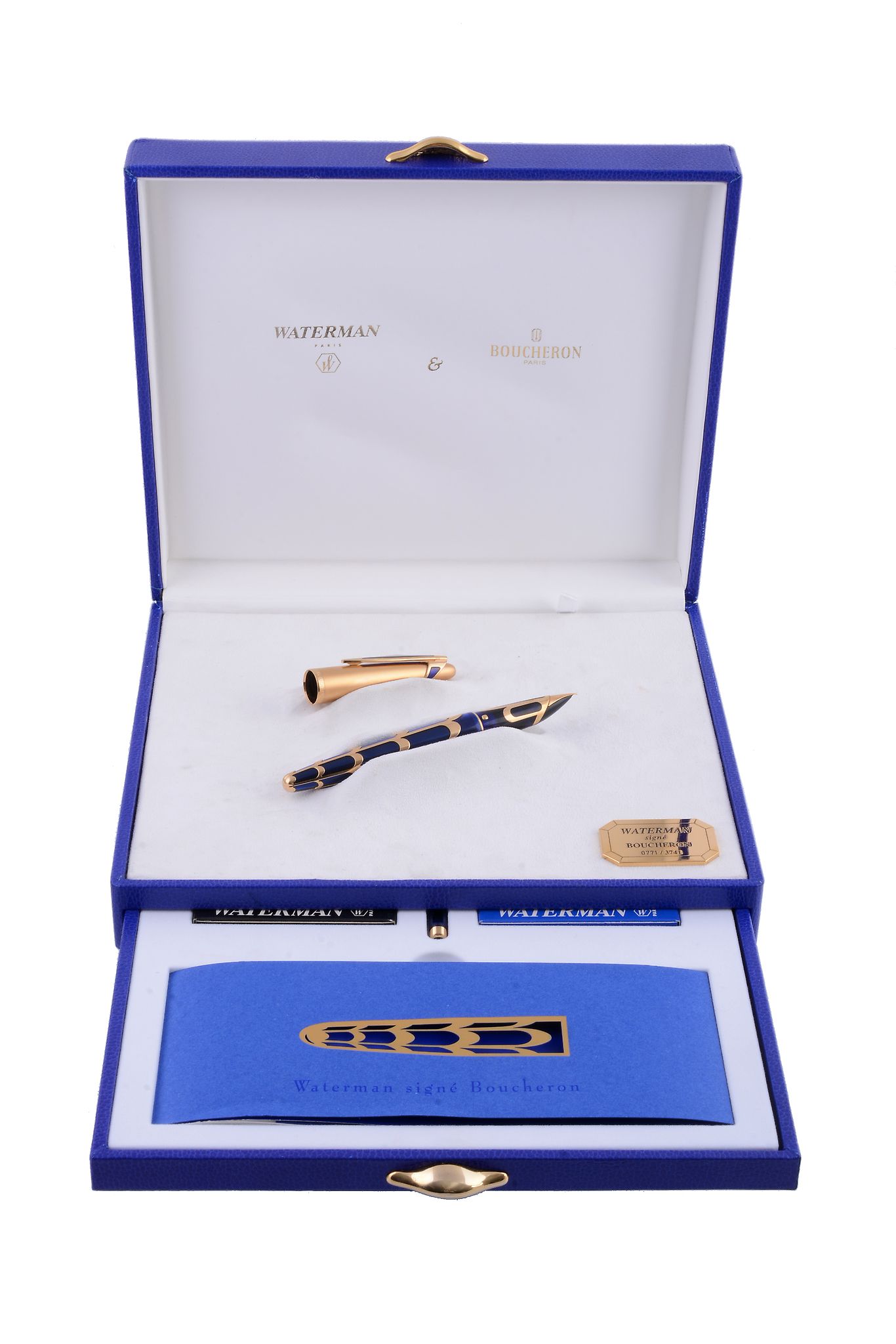 Waterman, Boucheron, a limited edition blue resin and gold filigree fountain pen,   no. 0771/3741,