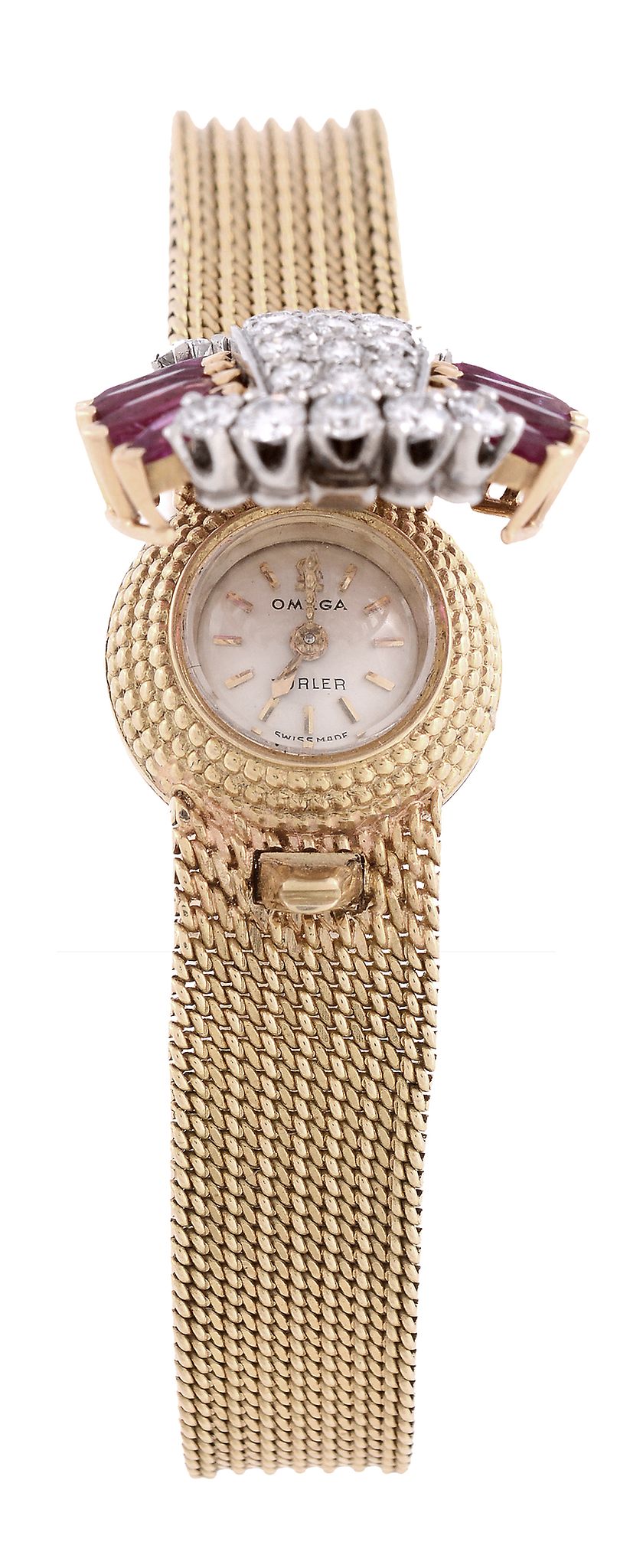 Omega, Turler, a lady's 18 carat gold, diamond and ruby bracelet watch,   back wind movement, 17