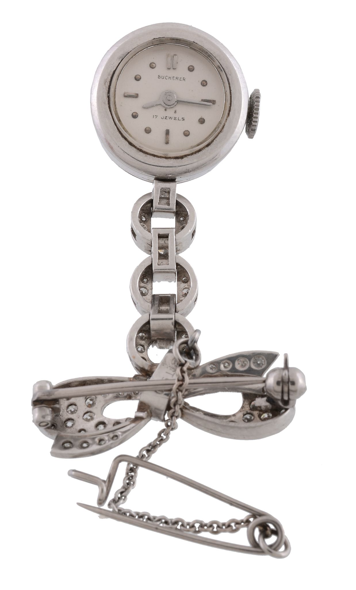 Bucherer, a platinum and diamond bow fob watch,   circa 1950, manual wind movement, 17 jewels,