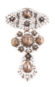 A 19th century Belgian gold and diamond pendant, circa 1835, the pierced scrolled panels with