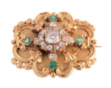 An early Victorian diamond and emerald brooch, circa 1850, the central cluster of old cushion cut