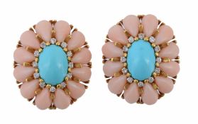 A pair of coral, turquoise and diamond ear clips, the central oval cabochon turquoise claw set