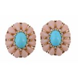 A pair of coral, turquoise and diamond ear clips, the central oval cabochon turquoise claw set