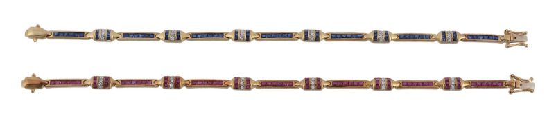 A sapphire and diamond line bracelet, the channel set step cut sapphire bar links with shaped