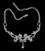 A diamond necklace, the central scrolling panel set with brilliant cut diamonds, suspending a claw