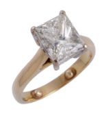 A diamond single stone ring, the rectangular princess cut weighing 2.01 carats, in a four claw