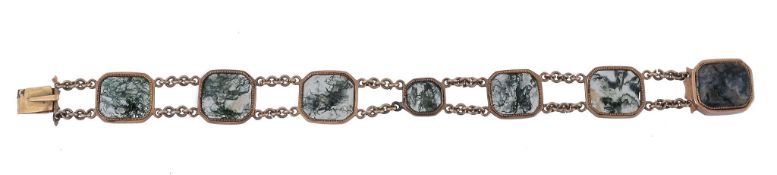 An 18th century moss agate bracelet, circa 1790, composed of square shaped moss agate polished